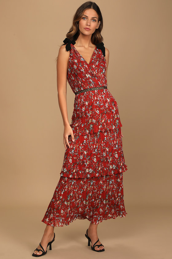 Rust Red Floral Print Dress - Tiered ...